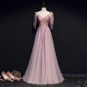 Charming Blushing Pink Evening Dresses 2019 A Line Princess Spaghetti Straps Bow Beading Lace Flower Sleeveless Backless Floor Length Long Formal Dresses