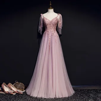 Charming Blushing Pink Evening Dresses 2019 A Line Princess Spaghetti Straps Bow Beading Lace Flower Sleeveless Backless Floor Length Long Formal Dresses