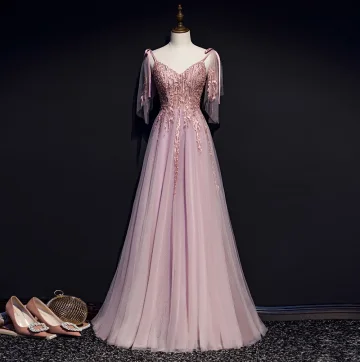 Charmant Rougissant Rose Robe De Soirée 2019 Princesse Bretelles Spaghetti Noeud Perlage En Dentelle Fleur Sans Manches Dos Nu Longue Robe De Ceremonie