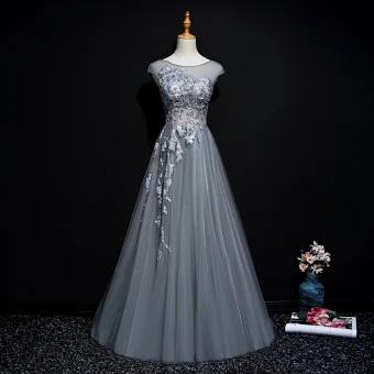 Classy Grey Evening Dresses 2019 A Line Princess Scoop Neck Beading Pearl Sequins Lace Flower Sleeveless Sweep Train Formal Dresses
