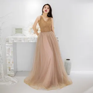 Charming Gold Evening Dresses 2019 A Line Princess V Neck Beading Sequins Lace Flower Sleeveless Backless Floor Length Long Formal Dresses