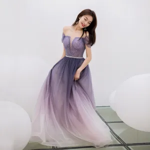 Charmant Violet Dégradé De Couleur Robe De Soirée 2019 Princesse Encolure Carrée Faux Diamant Manches Courtes Dos Nu Longue Robe De Ceremonie