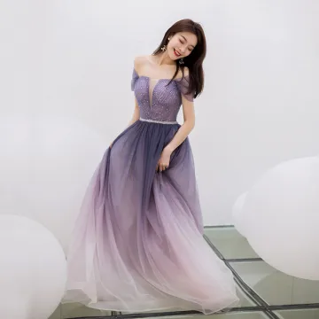 Charming Purple Gradient Color Evening Dresses 2019 A Line Princess Square Neckline Rhinestone Short Sleeve Backless Floor Length Long Formal Dresses