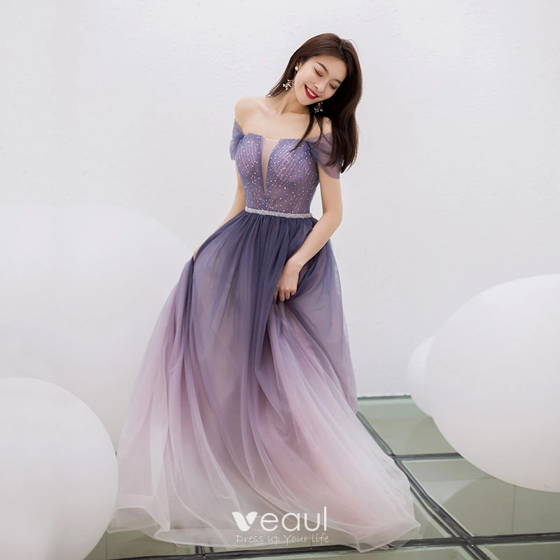 Charming Purple Gradient Color Evening Dresses 2019 A Line Princess Square Neckline Rhinestone Short Sleeve Backless Floor Length Long Formal Dresses