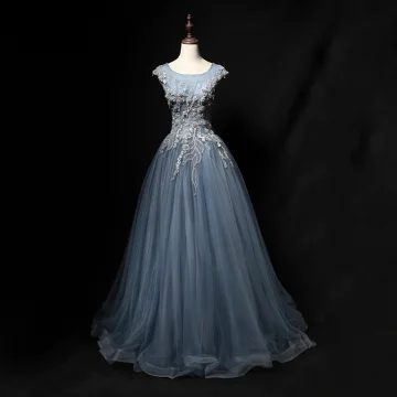 Chic Belle Gris Bleu Ciel Robe De Bal 2018 Princesse Fait Main Perlage Perle Cristal Paillettes Appliques Encolure Dégagée Dos Nu Sans Manches Longue Robe De Ceremonie
