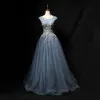 Chic / Beautiful Grey Sky Blue Prom Dresses 2018 A-Line / Princess Handmade  Beading Pearl Crystal Sequins Appliques Scoop Neck Backless Sleeveless Floor-Length / Long Formal Dresses
