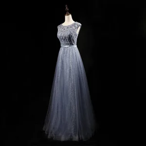 Chic Belle Gris Océan Bleu Robe De Bal 2018 Princesse Fait Main Perlage Cristal Paillettes Encolure Dégagée Dos Nu Sans Manches Ceinture Longue Robe De Ceremonie
