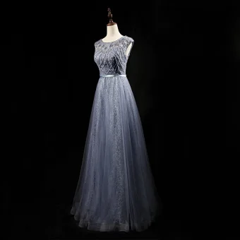 Chic Belle Gris Océan Bleu Robe De Bal 2018 Princesse Fait Main Perlage Cristal Paillettes Encolure Dégagée Dos Nu Sans Manches Ceinture Longue Robe De Ceremonie