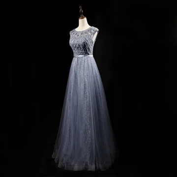 Chic Beautiful Grey Ocean Blue Prom Dresses 2018 A Line Princess Handmade Beading Crystal Sequins Scoop Neck Backless Sleeveless Sash Floor Length Long Formal Dresses