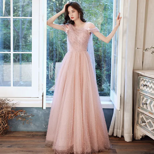 Lovely Pearl Pink Pearl Prom Dresses 2021 A-Line / Princess V-Neck Short Sleeve Backless Floor-Length / Long Formal Dresses