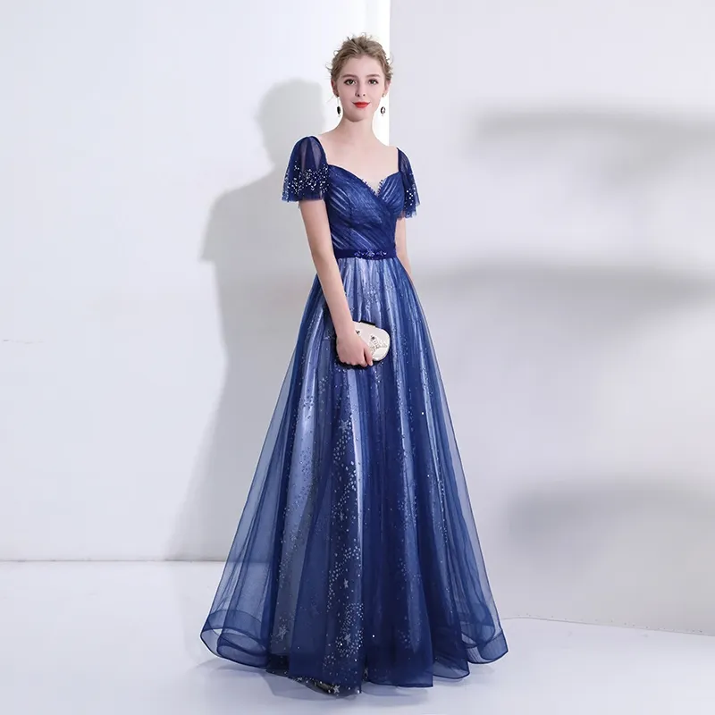 Elegant Kongeblå Selskapskjoler 2018 Prinsesse Krystall Rhinestone Paljetter Stjerne Kjæreste Ryggløse Korte Ermer Lange Formelle Kjoler