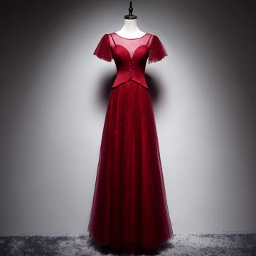 Chic Belle Bordeaux Robe De Soirée 2019 Princesse Encolure Dégagée Manches Courtes Dos Nu Longue Robe De Ceremonie