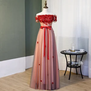 Charmant Rougissant Rose Robe De Soirée 2019 Princesse De L 039 Épaule Cristal En Dentelle Fleur Appliques Manches Courtes Dos Nu Noeud Longue Robe De Ceremonie