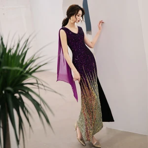 Charming Purple Gradient Color Formal Dresses 2019 Trumpet Mermaid V Neck Sequins Sleeveless Backless Ankle Length Evening Dresses