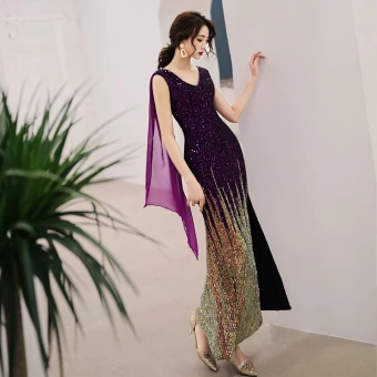Charmant Violet Dégradé De Couleur Robe De Ceremonie 2019 Trompette Sirène V Cou Paillettes Sans Manches Dos Nu Longueur Cheville Robe De Soirée