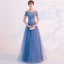 Chic / Beautiful Sky Blue Evening Dresses  2019 A-Line / Princess Off-The-Shoulder Beading Pearl Lace Flower Short Sleeve Backless Floor-Length / Long Formal Dresses