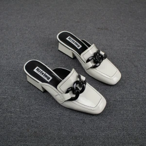 Vintage Originale Blanche Désinvolte Pantoufle Tongs 2019 Cuir Talons Épais Pied Carré Chaussures Femmes