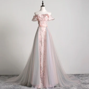 Charming Blushing Pink Evening Dresses 2019 A Line Princess Off The Shoulder Appliques Lace Flower Sash Short Sleeve Backless Court Train Formal Dresses