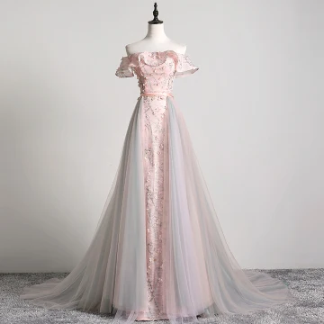 Charmant Rougissant Rose Robe De Soirée 2019 Princesse De L 039 Épaule Appliques En Dentelle Fleur Ceinture Manches Courtes Dos Nu Tribunal Train Robe De Ceremonie