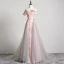 Charmant Rougissant Rose Robe De Soirée 2019 Princesse De l'épaule Appliques En Dentelle Fleur Ceinture Manches Courtes Dos Nu Tribunal Train Robe De Ceremonie
