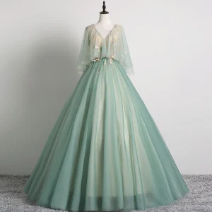 Elegant Sage Green Prom Dresses 2019 Ball Gown V Neck Lace Flower 1 2 Sleeves Backless Floor Length Long Formal Dresses
