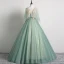 Elegant Sage Green Prom Dresses 2019 Ball Gown V-Neck Lace Flower 1/2 Sleeves Backless Floor-Length / Long Formal Dresses