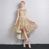 Sparkly Gold Cocktail Dresses 2018 A-Line / Princess Sash Glitter Scoop Neck Backless Sleeveless Asymmetrical Formal Dresses