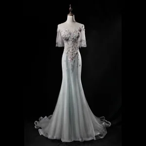 Classy Silver Sage Green Evening Dresses 2019 Trumpet Mermaid Scoop Neck Beading Sequins Lace Flower Appliques Pearl Short Sleeve Backless Sweep Train Formal Dresses
