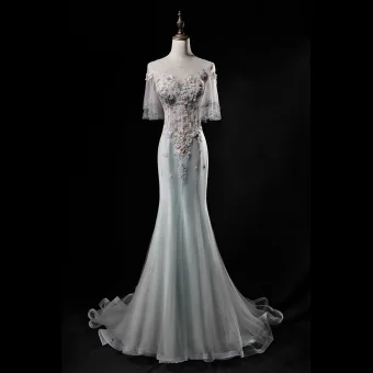 Chic Argenté Vert Cendré Robe De Soirée 2019 Trompette Sirène Encolure Dégagée Perlage Paillettes En Dentelle Fleur Appliques Perle Manches Courtes Dos Nu Train De Balayage Robe De Ceremonie