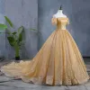 Sparkly Gold Wedding Dresses 2019 Ball Gown Off-The-Shoulder Sequins Short Sleeve Backless Chapel Train