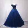 Vintage / Retro Navy Blue Prom Dresses 2019 Ball Gown Off-The-Shoulder Beading Crystal Sleeveless Backless Floor-Length / Long Formal Dresses