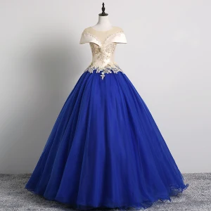 Vintage Retro Royal Blue Prom Dresses 2019 Ball Gown Scoop Neck Pearl Lace Flower Appliques Cap Sleeves Backless Floor Length Long Formal Dresses