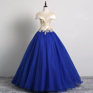 Vintage Originale Bleu Roi Robe De Bal 2019 Robe Boule Encolure Dégagée Perle En Dentelle Fleur Appliques Mancherons Dos Nu Longue Robe De Ceremonie