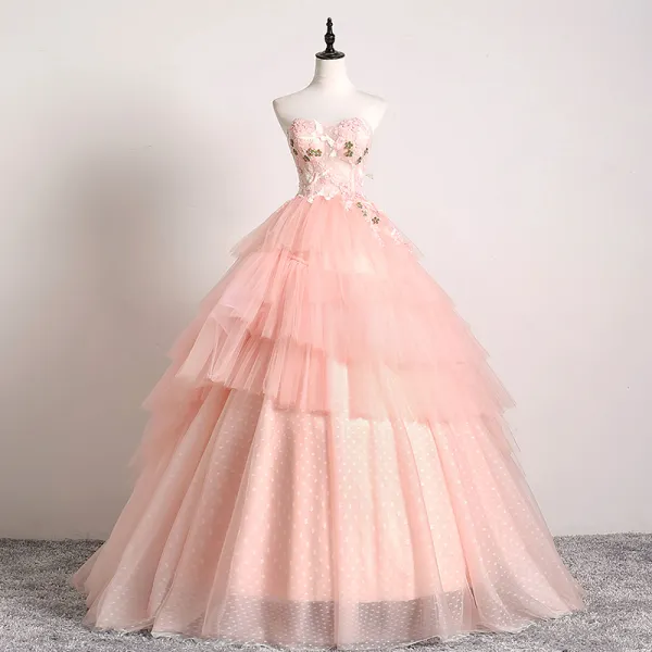 Classy Blushing Pink Prom Dresses 2019 Ball Gown Sweetheart Lace Flower Sleeveless Backless Cascading Ruffles Sweep Train Formal Dresses