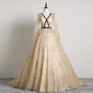 Élégant Beige Robe De Bal 2019 Princesse V Cou En Dentelle Étoile Manches Longues Dos Nu Train De Balayage Robe De Ceremonie
