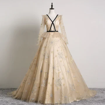 Eleganta Aprikos Beige Balklänningar 2019 Prinsessa V Hals Spets Stjärna Långärmad Halterneck Svep Tåg Formella Klänningar