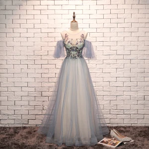 Elegant Sky Blue Evening Dresses 2019 A Line Princess Scoop Neck Beading Lace Flower Short Sleeve Backless Floor Length Long Formal Dresses