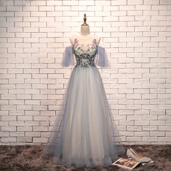 Élégant Bleu Ciel Robe De Soirée 2019 Princesse Encolure Dégagée Perlage En Dentelle Fleur Manches Courtes Dos Nu Longue Robe De Ceremonie