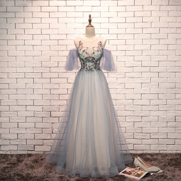 Élégant Bleu Ciel Robe De Soirée 2019 Princesse Encolure Dégagée Perlage En Dentelle Fleur Manches Courtes Dos Nu Longue Robe De Ceremonie