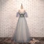 Élégant Bleu Ciel Robe De Soirée 2019 Princesse Encolure Dégagée Perlage En Dentelle Fleur Manches Courtes Dos Nu Longue Robe De Ceremonie