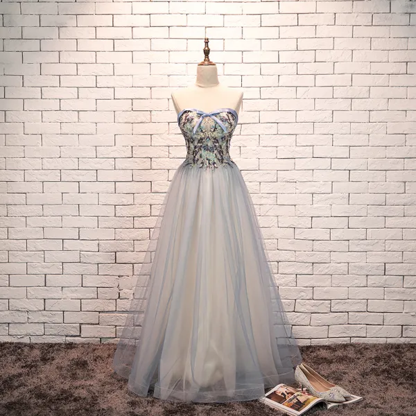 Charming Sky Blue Evening Dresses  2019 A-Line / Princess Sweetheart Bow Pearl Lace Flower Sleeveless Backless Floor-Length / Long Formal Dresses