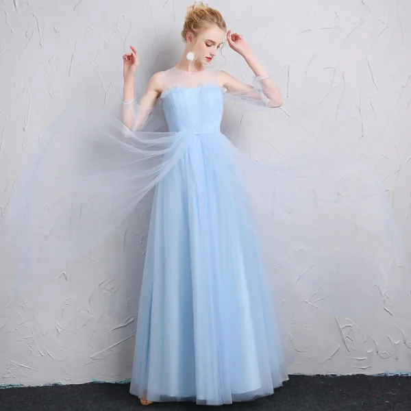 Modest / Simple Sky Blue Bridesmaid Dresses 2018 A-Line / Princess Shoulders Backless Short Sleeve Floor-Length / Long Wedding Party Dresses Modest / Simple Sky Blue Bridesmaid Dresses 2018 A-Line / Princess Shoulders Backless Short Sleeve Floor-Length / Long Wedding Party Dresses