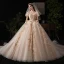 Luxury / Gorgeous Victorian Style Vintage / Retro Champagne Wedding Dresses 2019 Ball Gown Scoop Neck Beading Lace Flower Short Sleeve Backless Royal Train