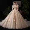 Luxury / Gorgeous Victorian Style Vintage / Retro Champagne Wedding Dresses 2019 Ball Gown Scoop Neck Beading Lace Flower Short Sleeve Backless Royal Train