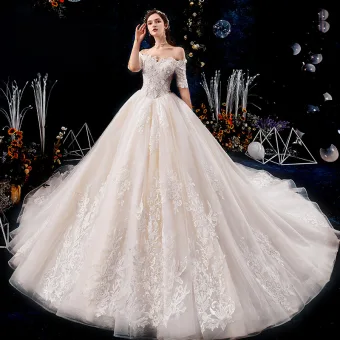 Luxury Gorgeous Champagne Wedding Dresses 2019 Ball Gown Off The Shoulder Beading Sequins Pearl Lace Flower Appliques Short Sleeve Backless Royal Train