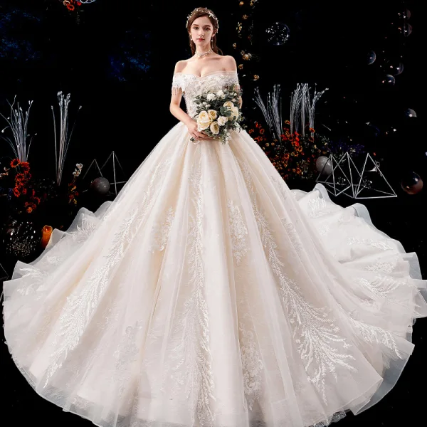 Charming Champagne Wedding Dresses 2019 A-Line / Princess Off-The-Shoulder Beading Tassel Pearl Lace Flower Appliques Short Sleeve Backless Royal Train
