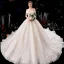 Charming Champagne Wedding Dresses 2019 A-Line / Princess Off-The-Shoulder Beading Tassel Pearl Lace Flower Appliques Short Sleeve Backless Royal Train