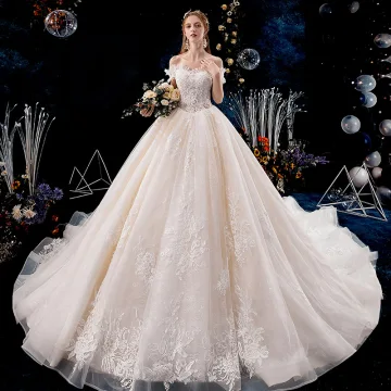 Classy Champagne Wedding Dresses 2019 A Line Princess Off The Shoulder Beading Pearl Sequins Lace Flower Sleeveless Backless Royal Train