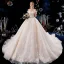 Edles Champagner Brautkleider / Hochzeitskleider 2019 A Linie Off Shoulder Perlenstickerei Perle Pailletten Spitze Blumen Ärmellos Rückenfreies Königliche Schleppe