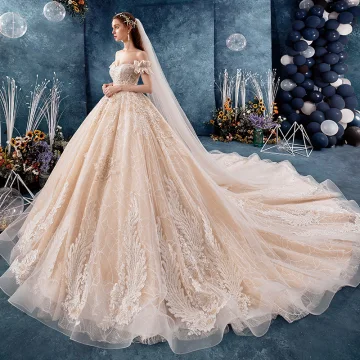 Charming Champagne Wedding Dresses 2019 Ball Gown Off The Shoulder Beading Lace Flower Sleeveless Backless Royal Train